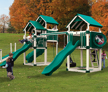 Swing Kingdom makes vinyl playsets and swingsets, including the Double Tower range. Sold, installed, and serviced by Play King in Davie Florida.