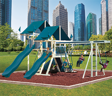Swing Kingdom Mountain Climbers vinyl playsets and swingsets, available at Play King, Davie Florida.
