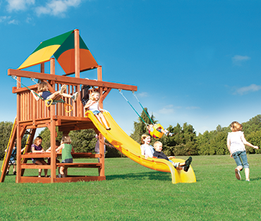 Woodplay Playhouse 5' cedar wood Space Saver playset with Double Swing Arm sold, installed, serviced by Play King, South Florida Woodplay dealer