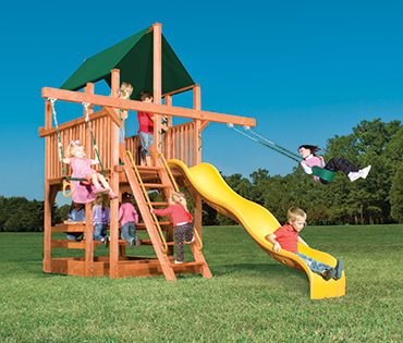 Woodplay Playhouse 5', Space Saver playset with Double Swing Arm sold, installed, serviced by Play King, South Florida Woodplay dealer